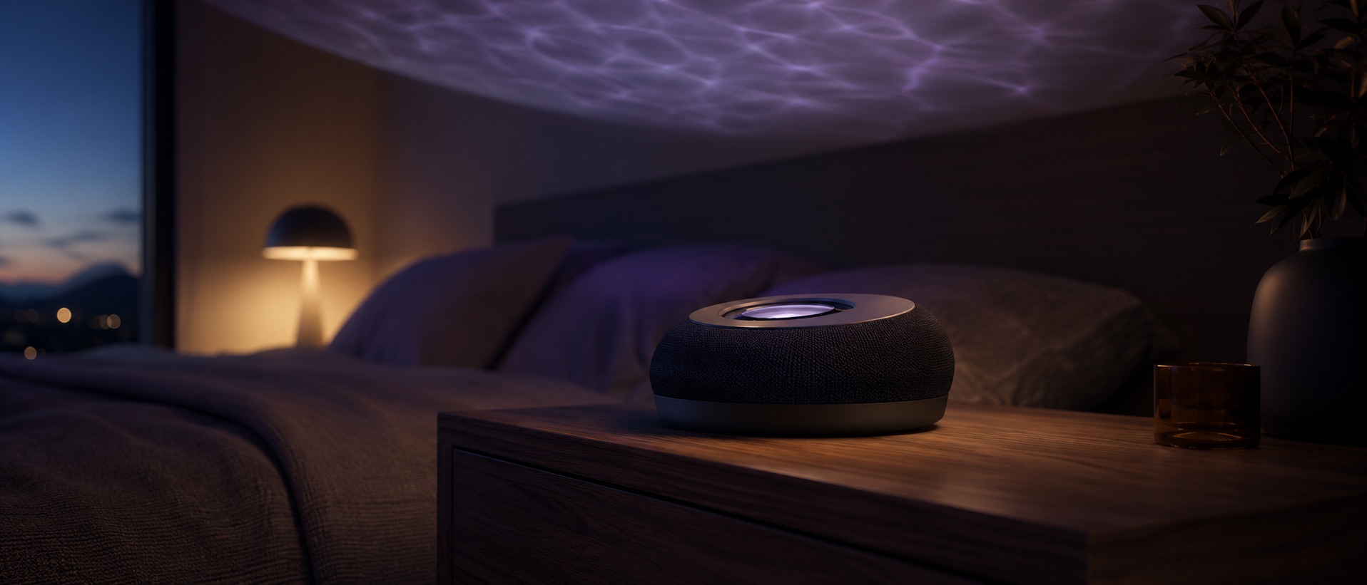 Neuro device on a walnut nightstand in a dark bedroom, projecting a soft water-wave light pattern onto the ceiling