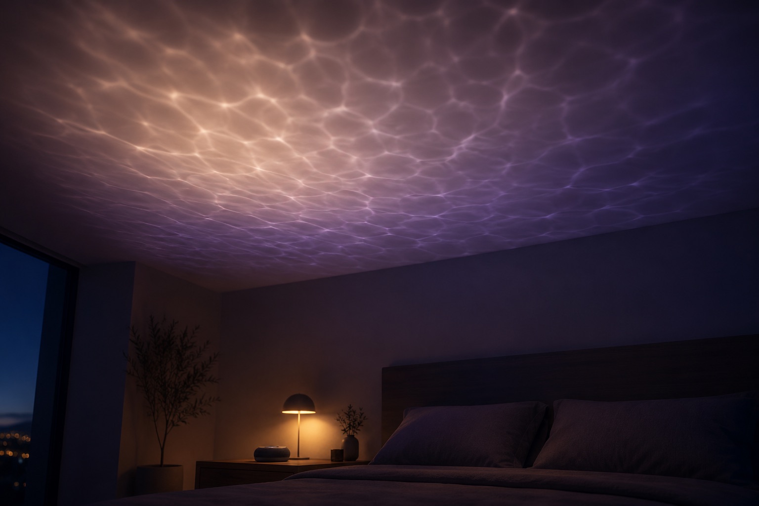 Soft water-wave light projection rippling across a bedroom ceiling, warm amber fading into deep violet at the edges