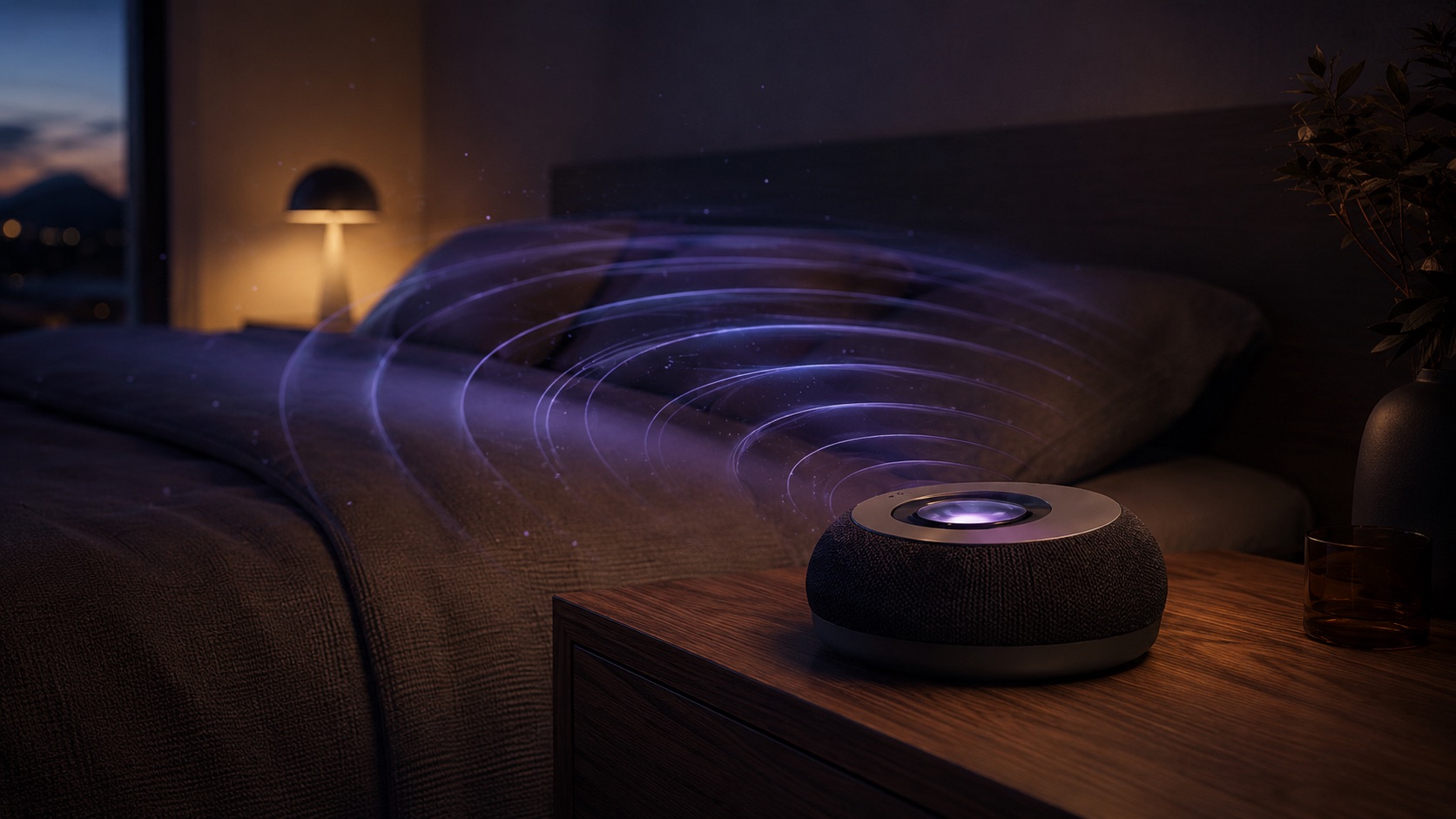Abstract visualization of radar sensing — concentric arcs of violet light radiating from the Neuro device across a dark bedroom toward the bed