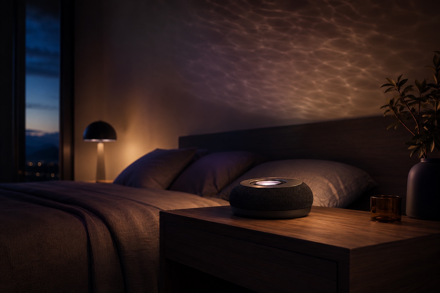 Calm bedroom at night with Neuro casting a low warm glow and faint wave patterns, most of the room in restful shadow