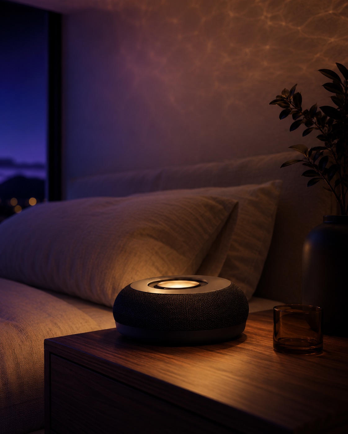 Corner of a bed at night with Neuro casting a deep calm amber glow, the room settled into a late-night state