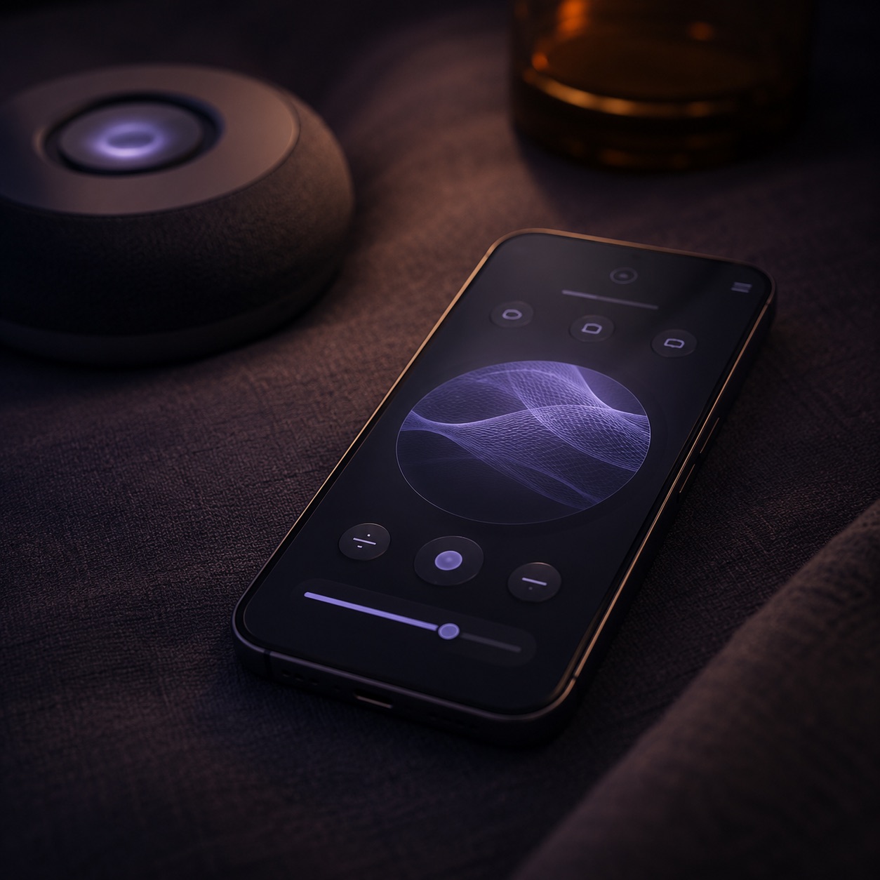 Smartphone beside the Neuro device showing a minimal dark companion app with a wave illustration and simple controls