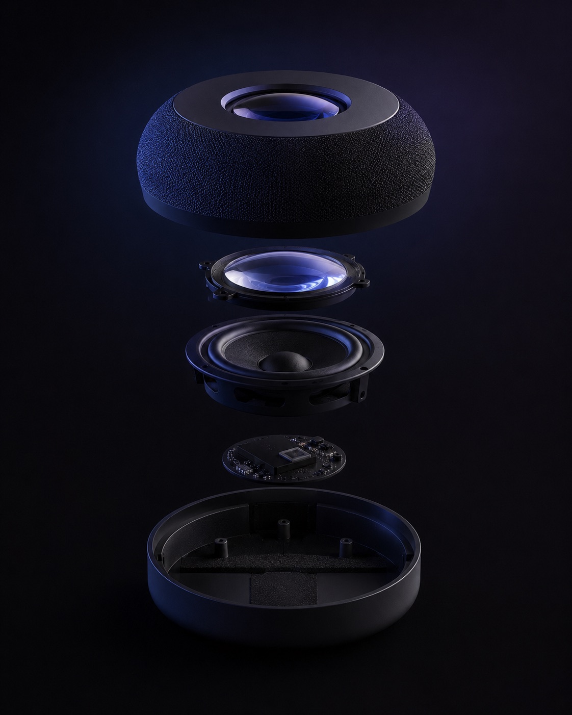 Exploded view of the Neuro device — fabric shell, projection lens assembly, speaker driver, radar module, and weighted base
