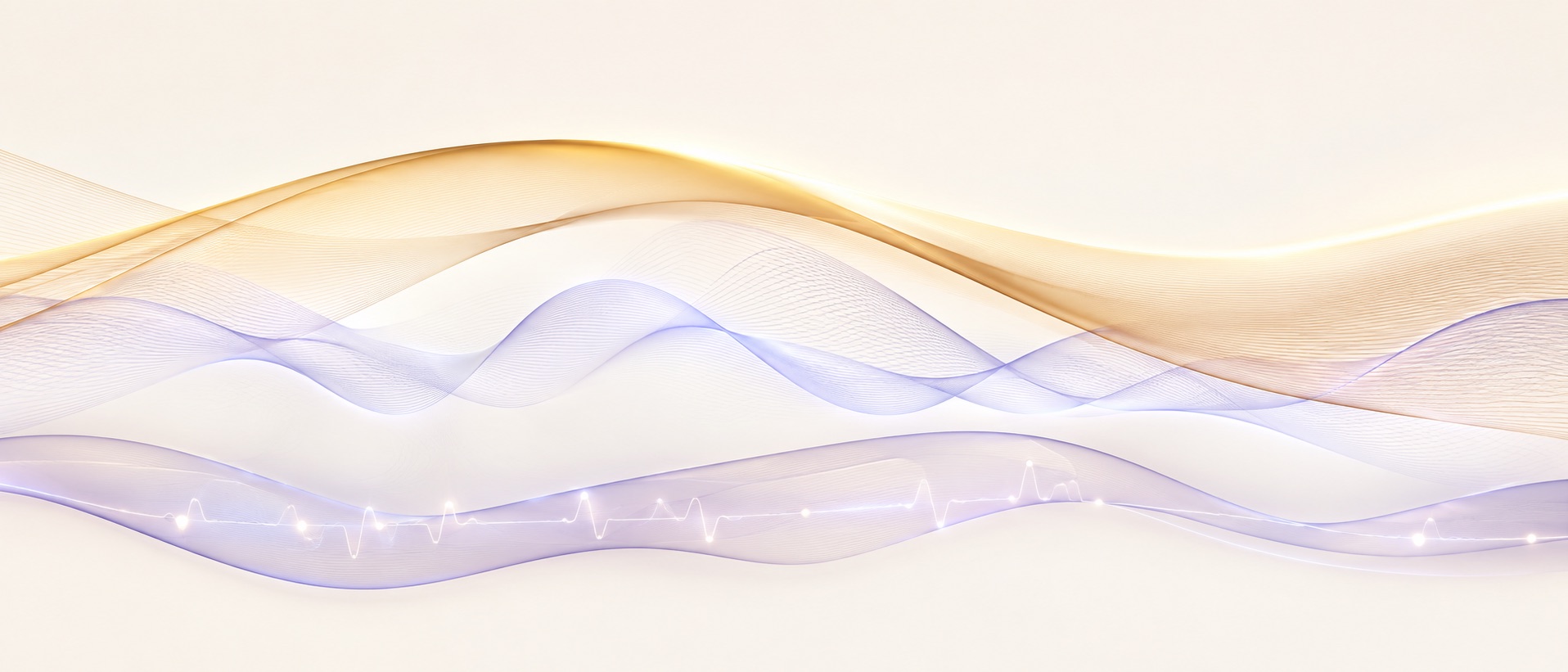 Abstract layered illustration of a warm light wave, a soft sound wave, and a gentle biometric rhythm line interweaving