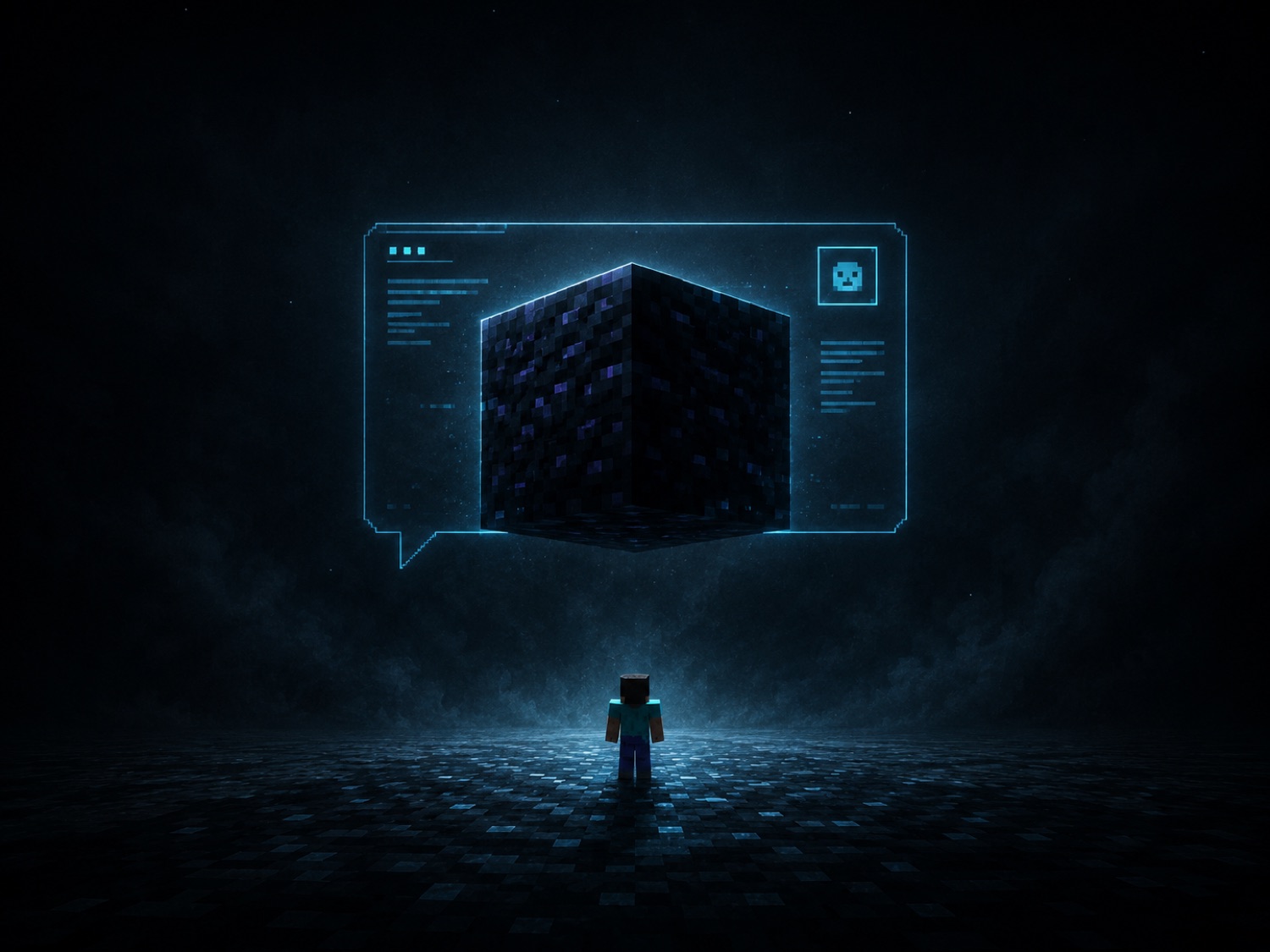 A lone player facing a black box in the void