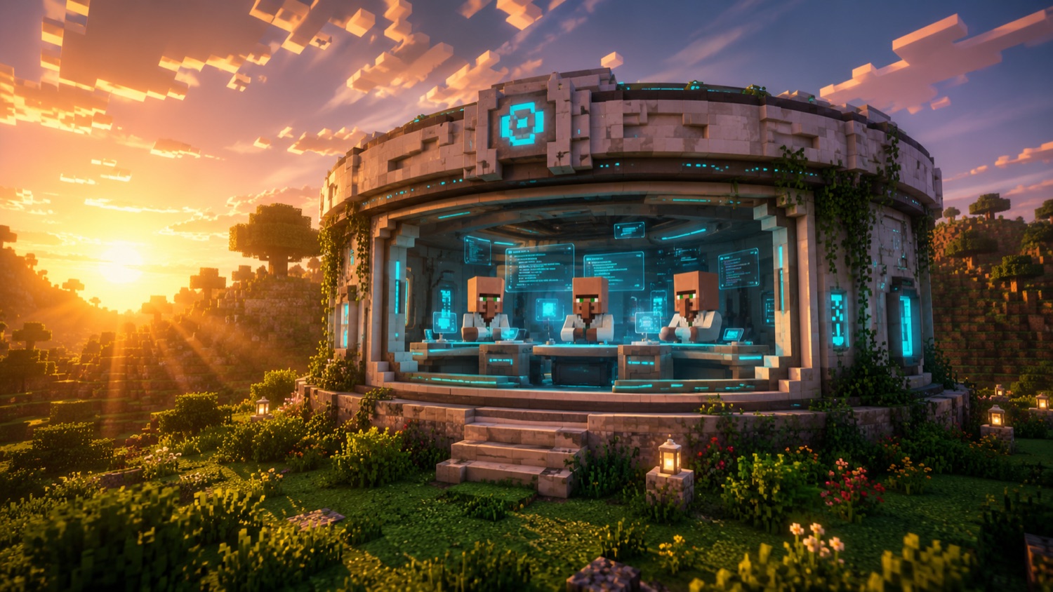 The glowing circular alien HQ on a Minecraft hillside