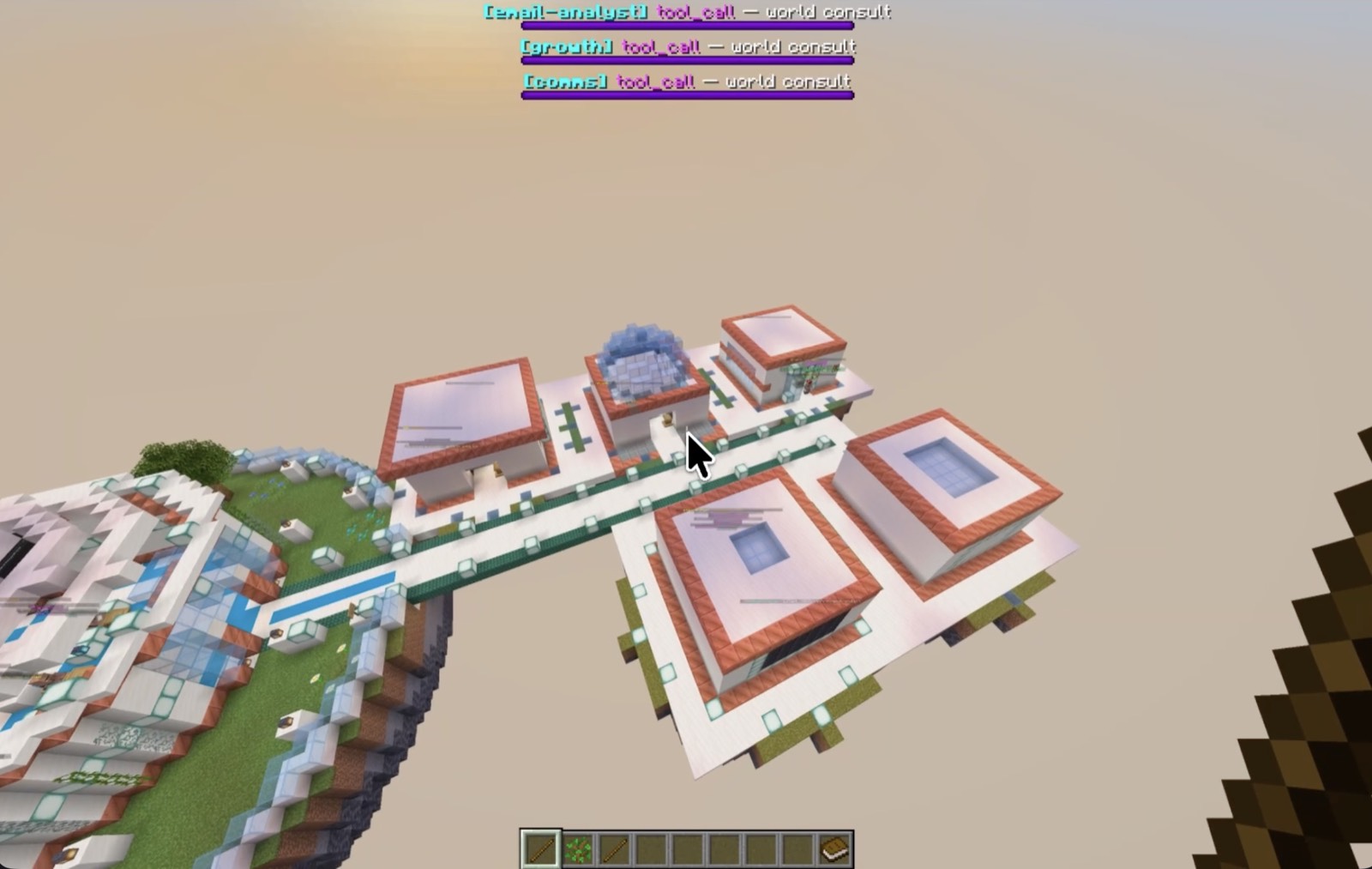 An aerial view of HQ bridged to a row of self-built rooms, all working at once