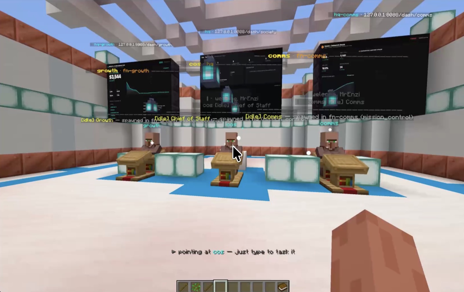 Three agent villagers at desks with live reasoning screens behind them