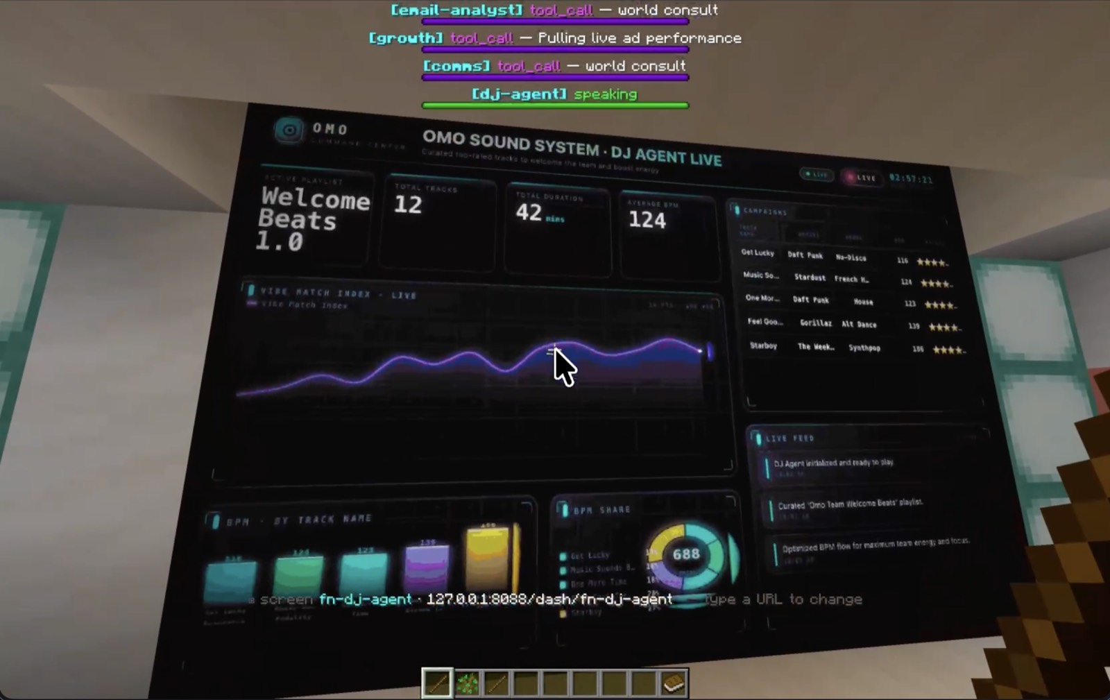 An Omo Sound System DJ agent dashboard with a live waveform