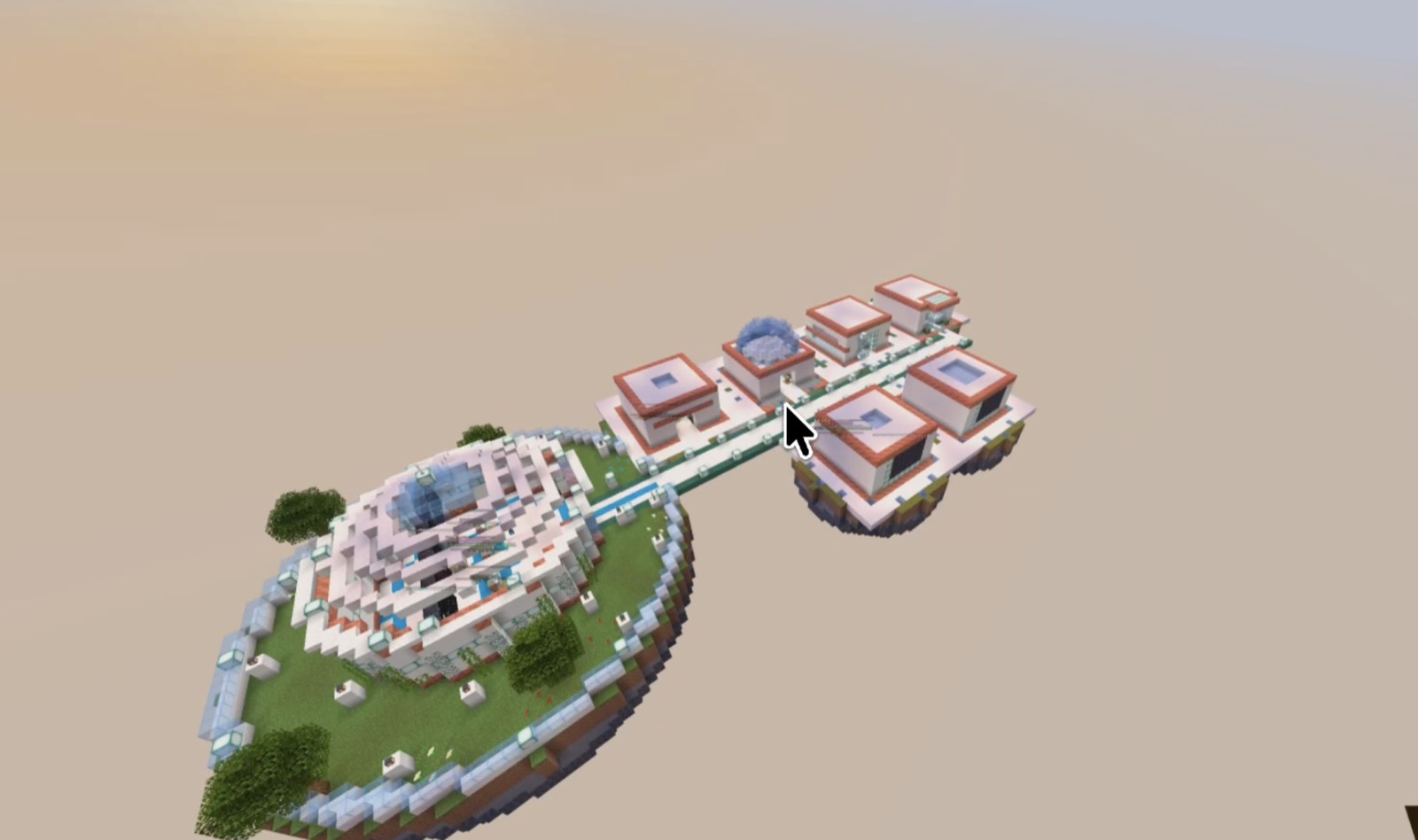 The Omo campus at golden hour: a glowing HQ island bridged to a row of self-built rooms