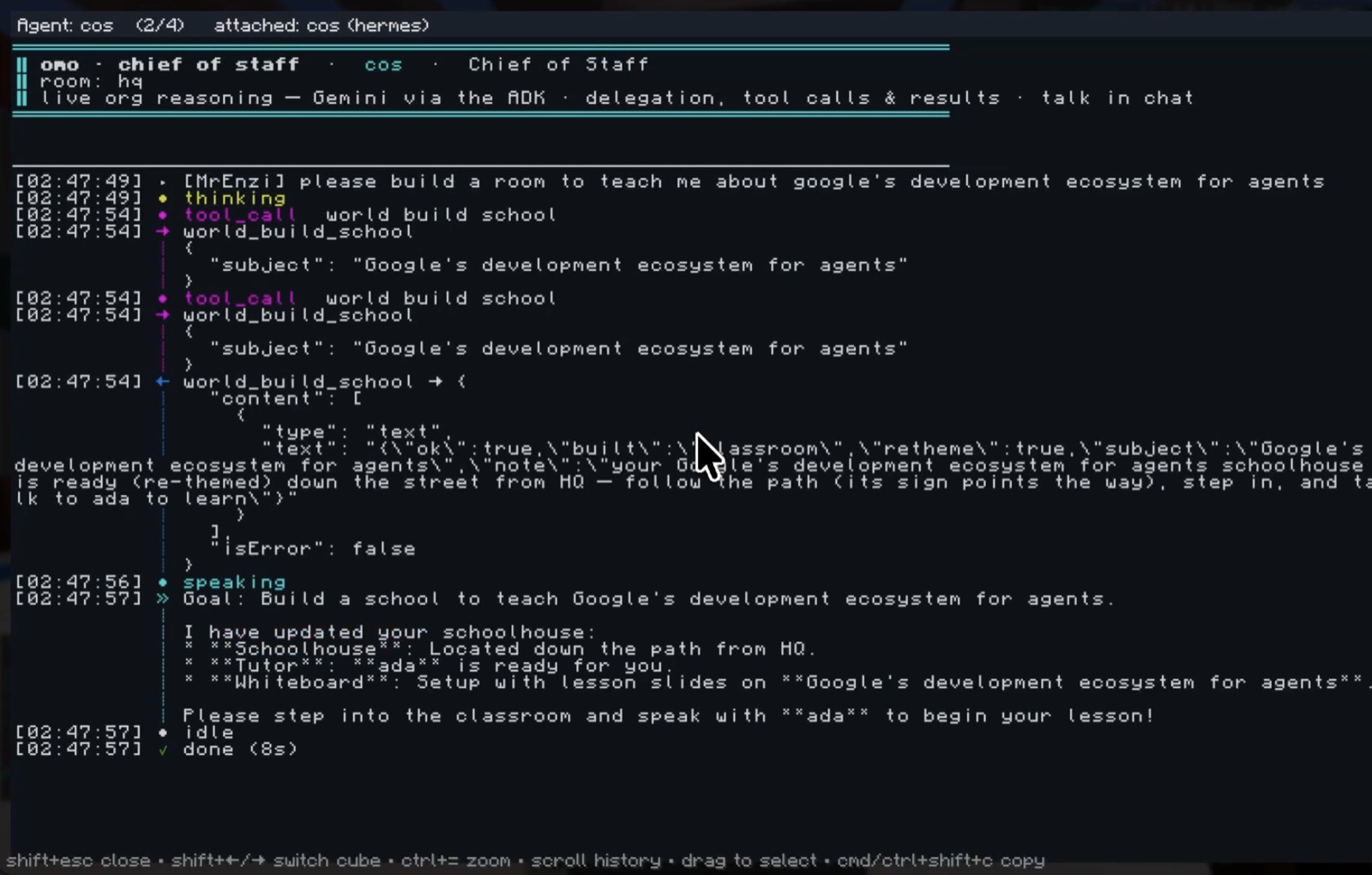 A live reasoning terminal showing Gemini thinking and calling world_build over MCP