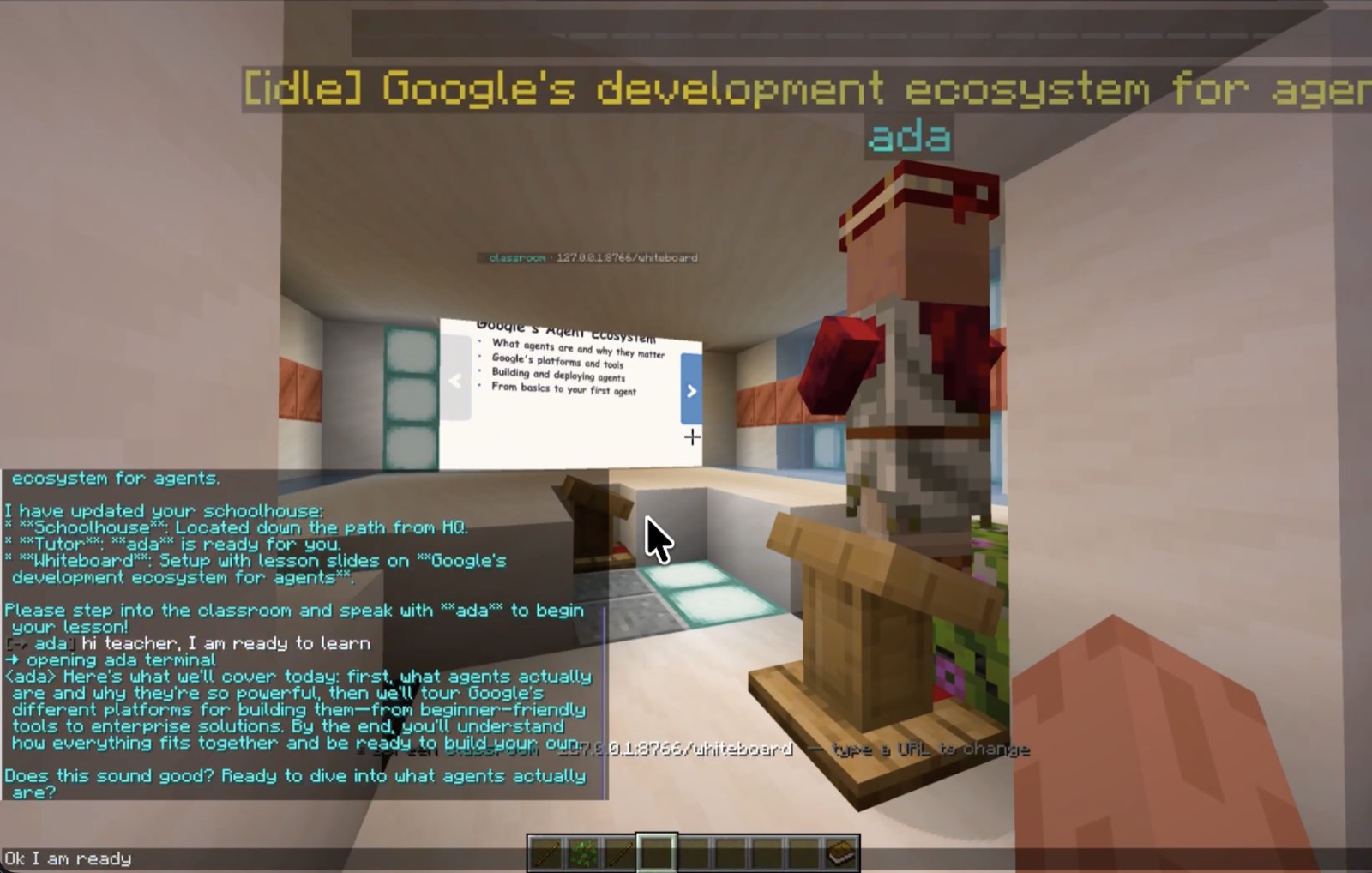 A tutor villager named ada at work inside the new classroom