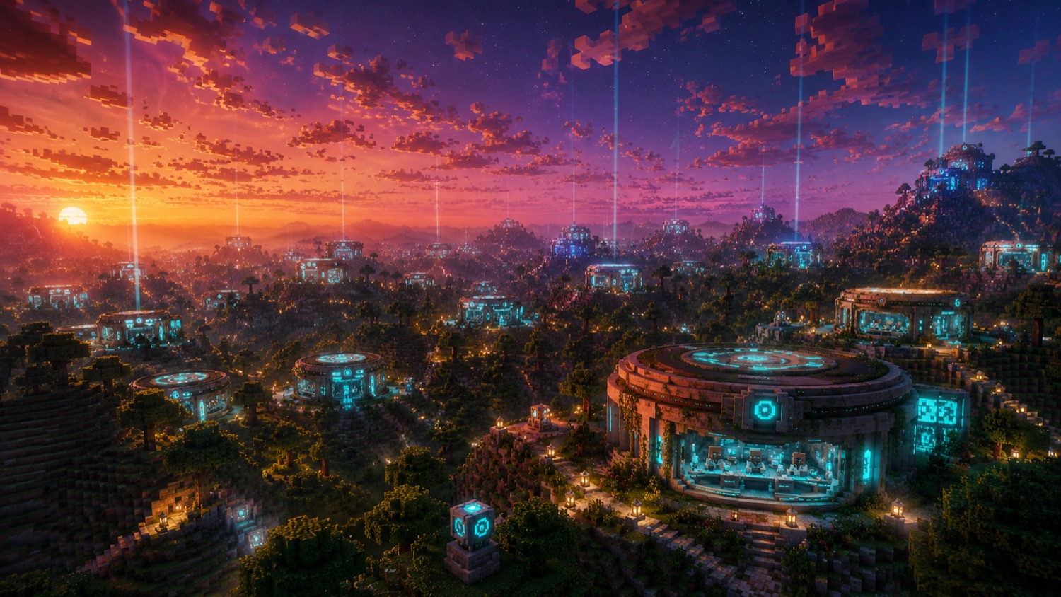 A skyline of glowing Omo worlds