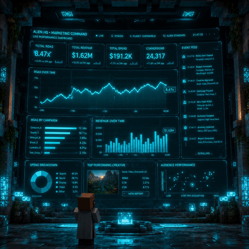 The far wall is a live dashboard